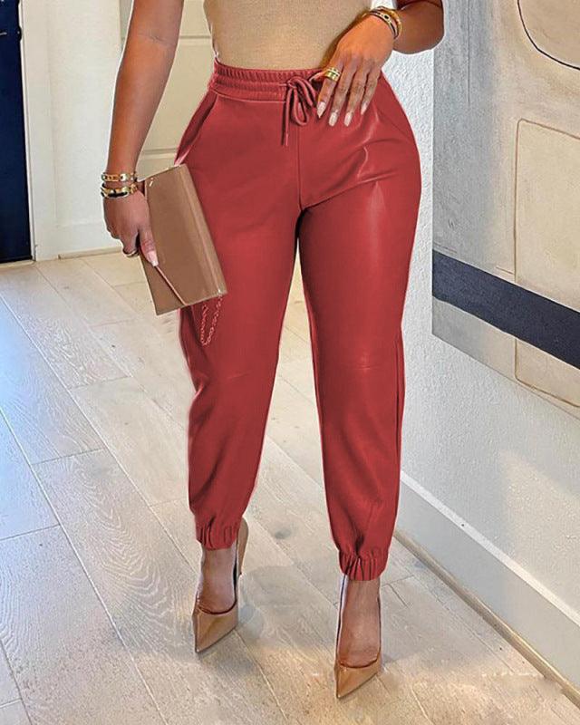 Sarai Mid Waist Solid Color PU Faux Leather Drawstring Pants - Vestir en Moda