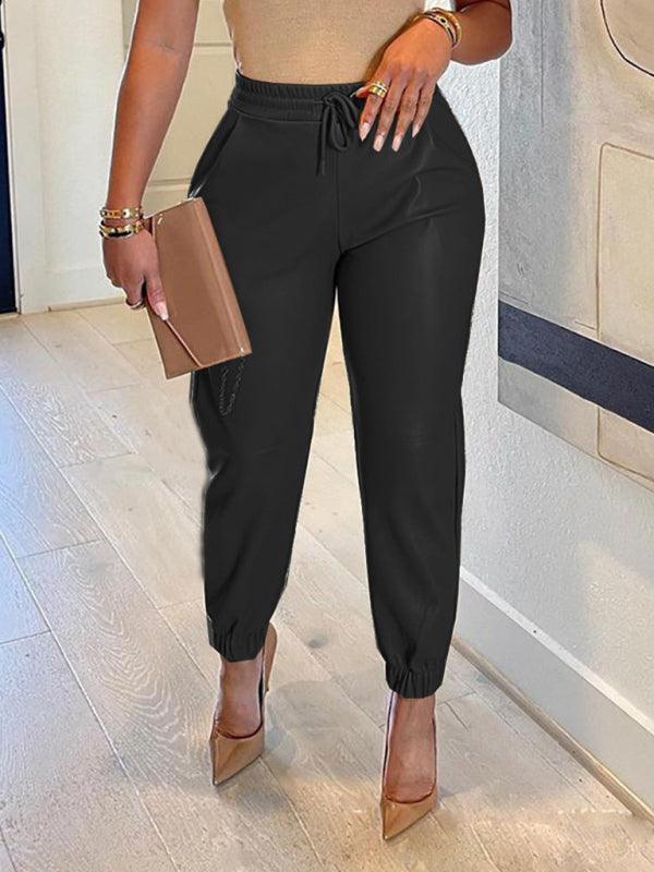 Sarai Mid Waist Solid Color PU Faux Leather Drawstring Pants - Vestir en Moda