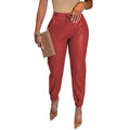 Sarai Mid Waist Solid Color PU Faux Leather Drawstring Pants - Vestir en Moda