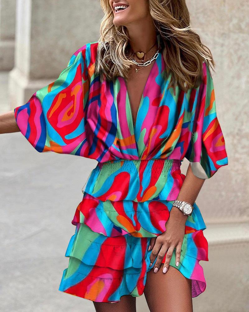 Shayla Sleeve V Neck Irregular Hem Dresses - Vestir en Moda