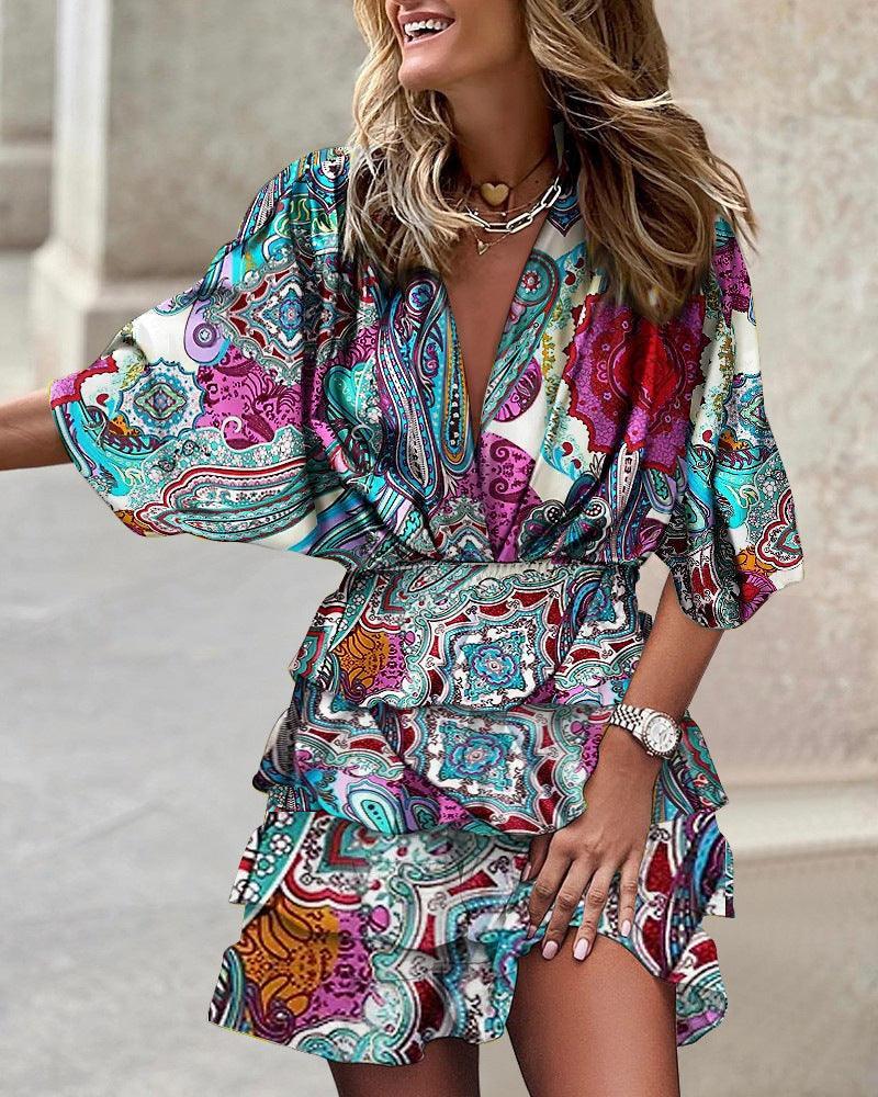 Shayla Sleeve V Neck Irregular Hem Dresses - Vestir en Moda