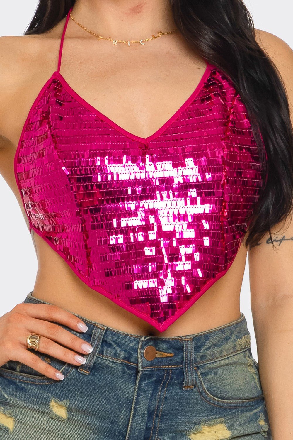 Skylar Sequin Open Back Top - Stylish Halter Neck Design for Stunning Evening Looks Top