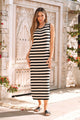 Sleeveless Black and Beige Striped Midi Dress
