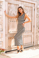 Sleeveless Black and Beige Striped Midi Dress