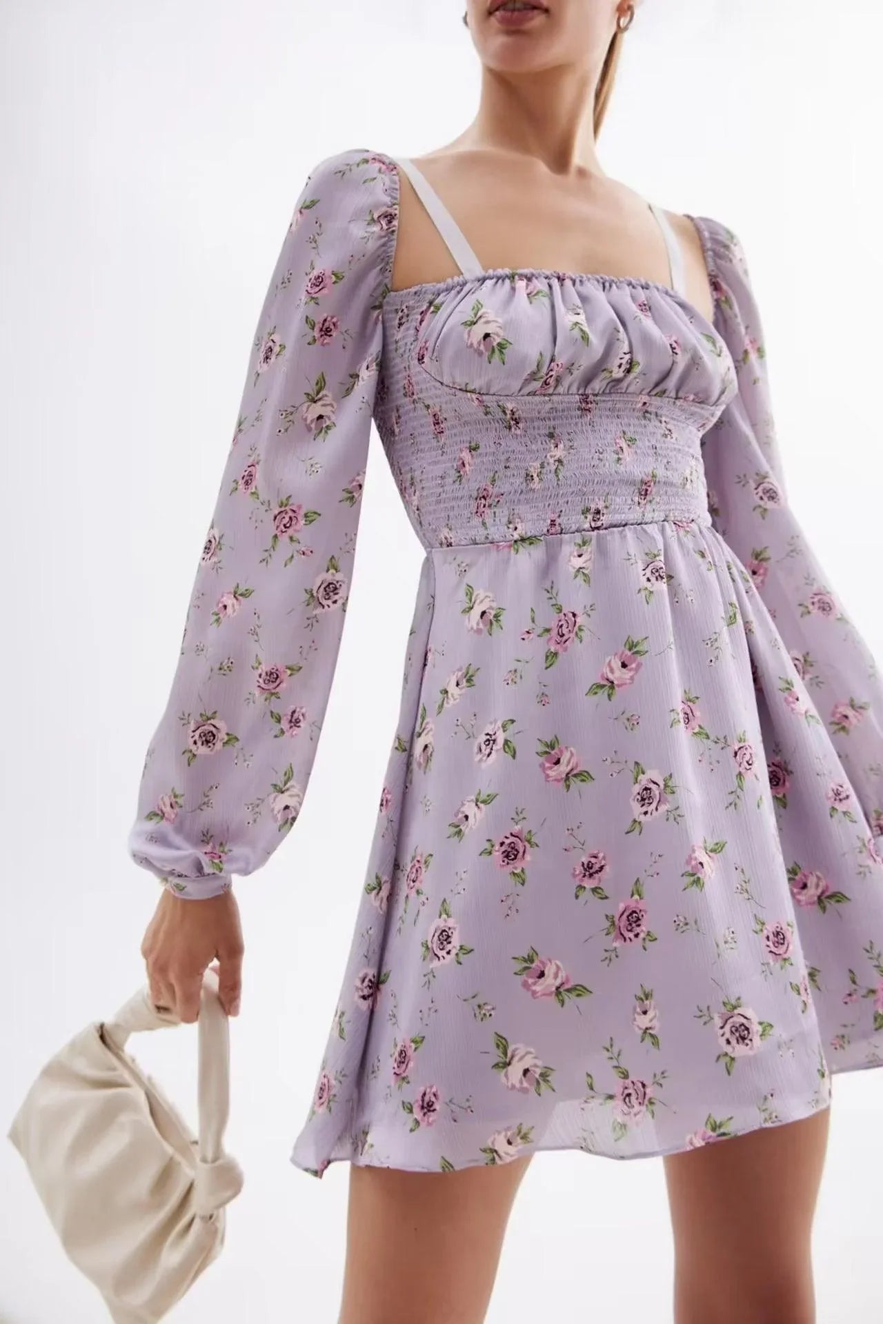 Sodeli Shoulder Floral Bubble Long Sleeve Elegant Dresses - Vestir en Moda