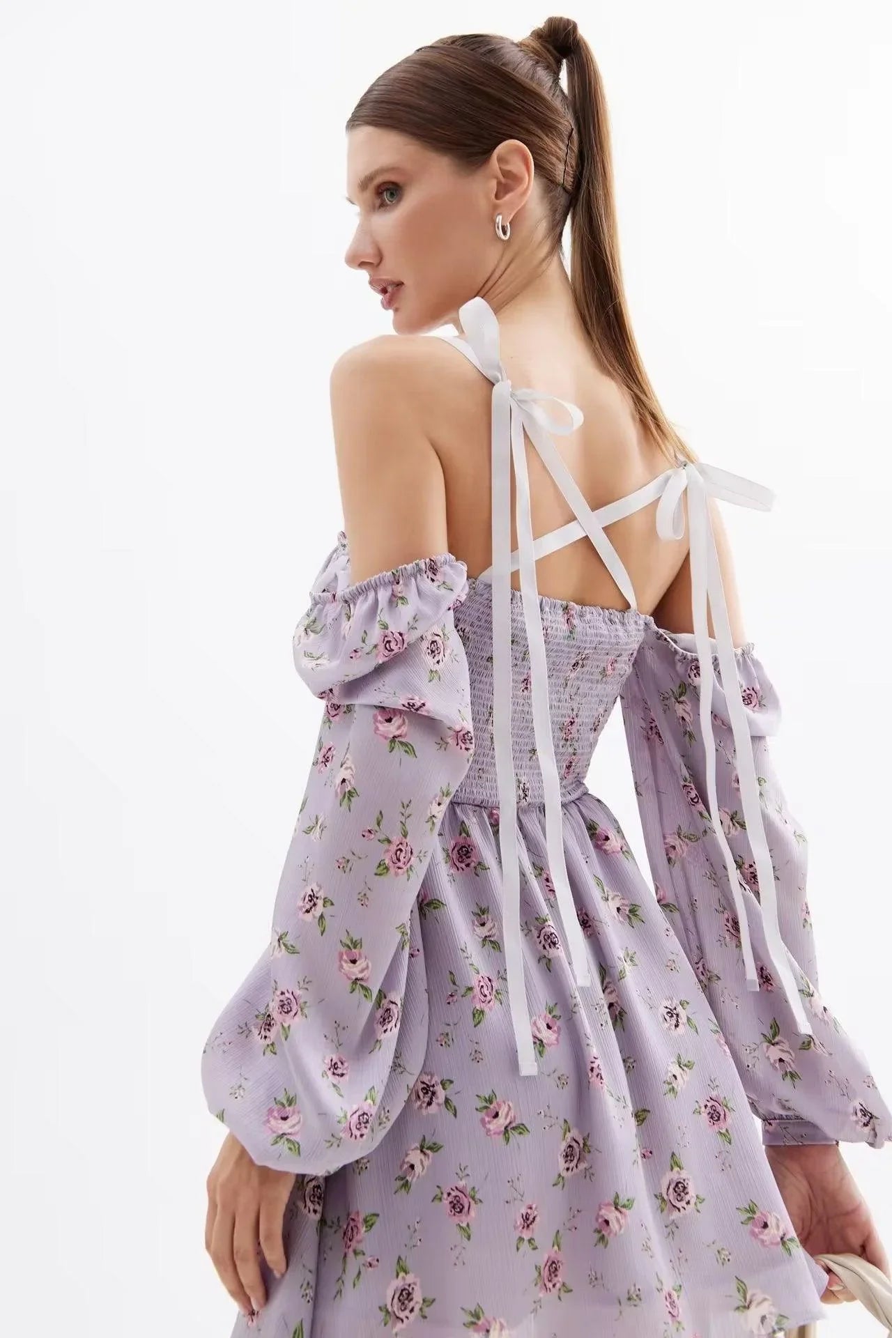 Sodeli Shoulder Floral Bubble Long Sleeve Elegant Dresses - Vestir en Moda