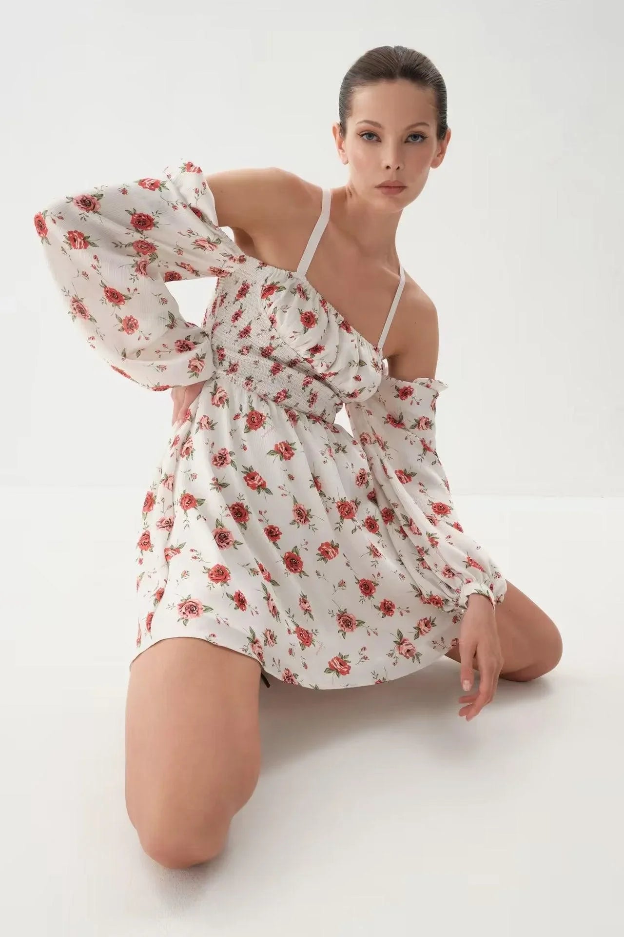 Sodeli Shoulder Floral Bubble Long Sleeve Elegant Dresses - Vestir en Moda
