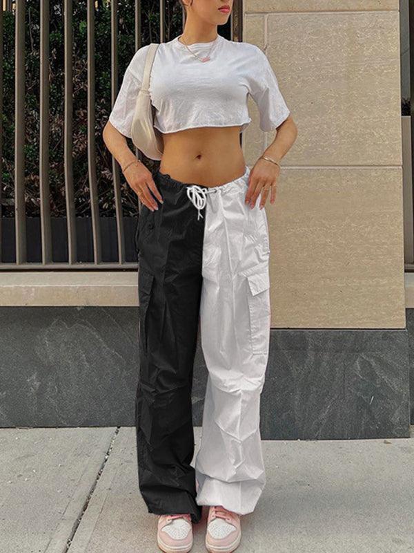 Solid Mid Waist Mixed Media Cargo Cotton Pants - Vestir en Moda