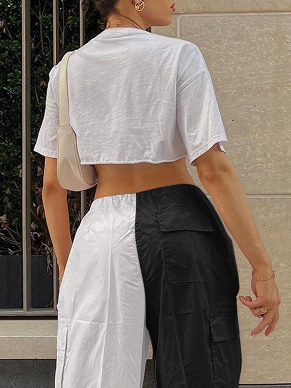 Solid Mid Waist Mixed Media Cargo Cotton Pants - Vestir en Moda