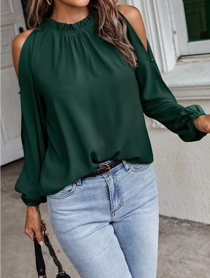 Sophia Lotus Leaf Round Neck Pleated Off Shoulder Blouse - Vestir en Moda
