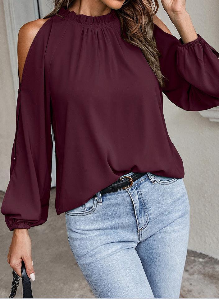 Sophia Lotus Leaf Round Neck Pleated Off Shoulder Blouse - Vestir en Moda
