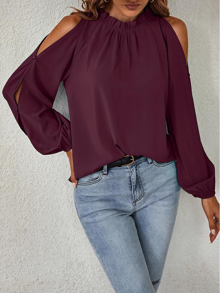 Sophia Lotus Leaf Round Neck Pleated Off Shoulder Blouse - Vestir en Moda