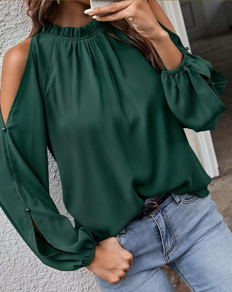 Sophia Lotus Leaf Round Neck Pleated Off Shoulder Blouse - Vestir en Moda