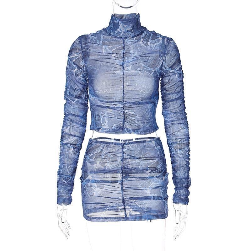Sophia Sheer Sleeve Turtleneck Women Slim Two pieces sets - Vestir en Moda