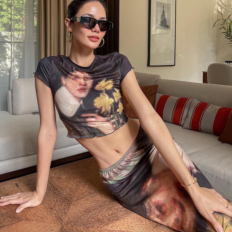 Sophia Summer Wooden Ear Short Sleeve Printing Two Piece Sets - Vestir en Moda