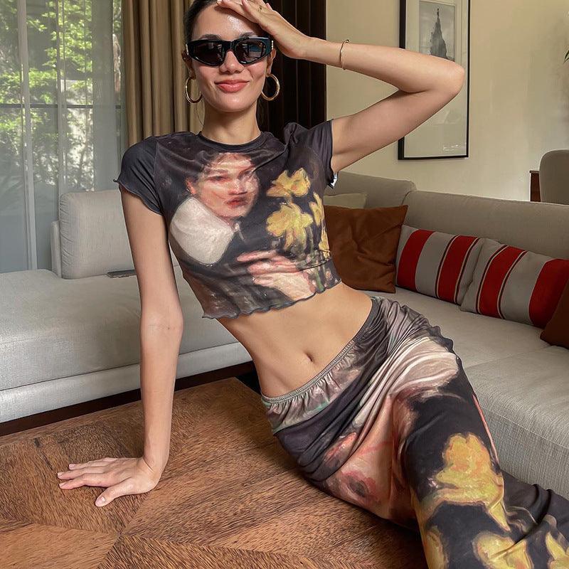 Sophia Summer Wooden Ear Short Sleeve Printing Two Piece Sets - Vestir en Moda