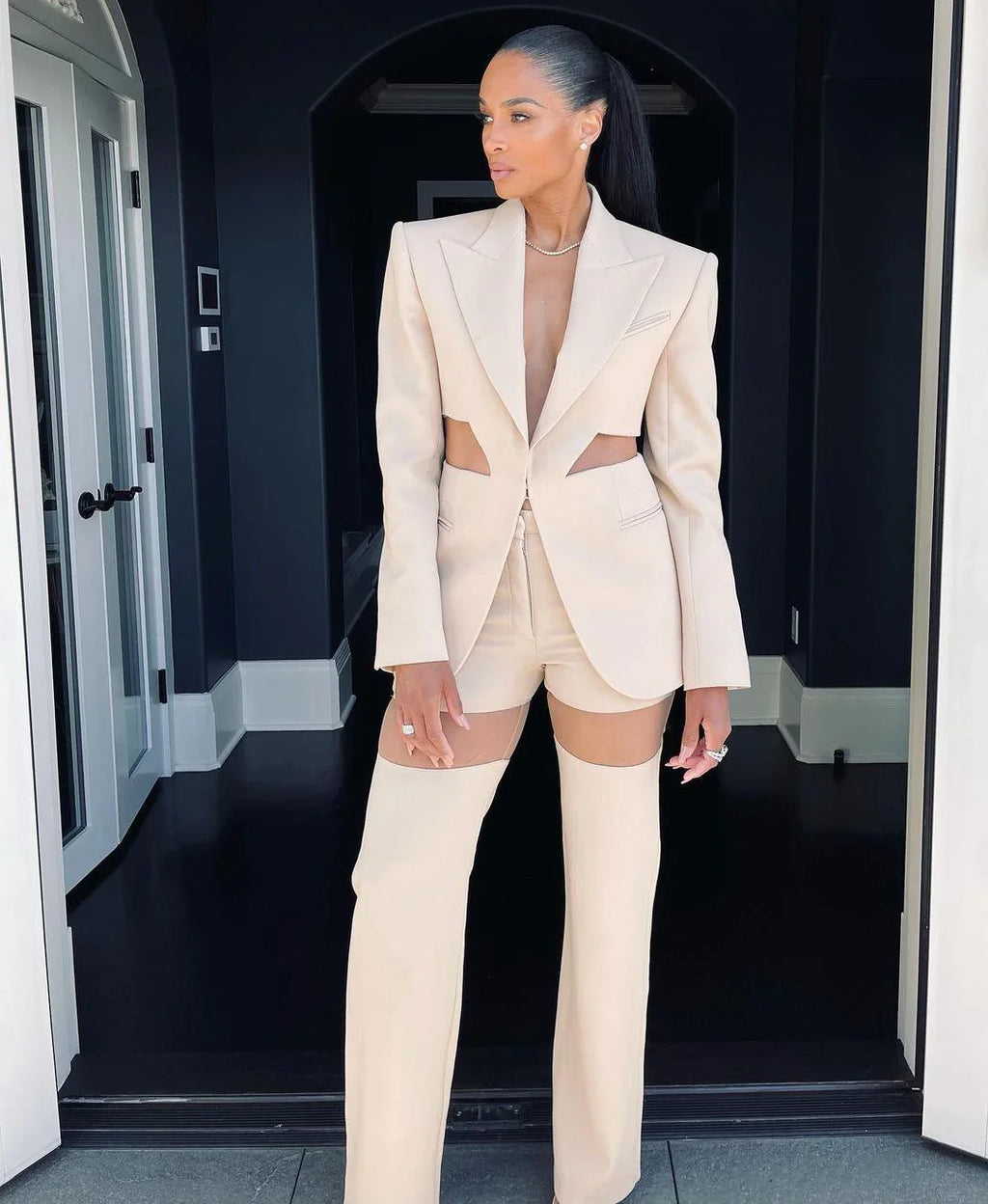 Sophia Waist Cutout Blazer Mesh Stitching Two Piece Suit - Vestir en Moda
