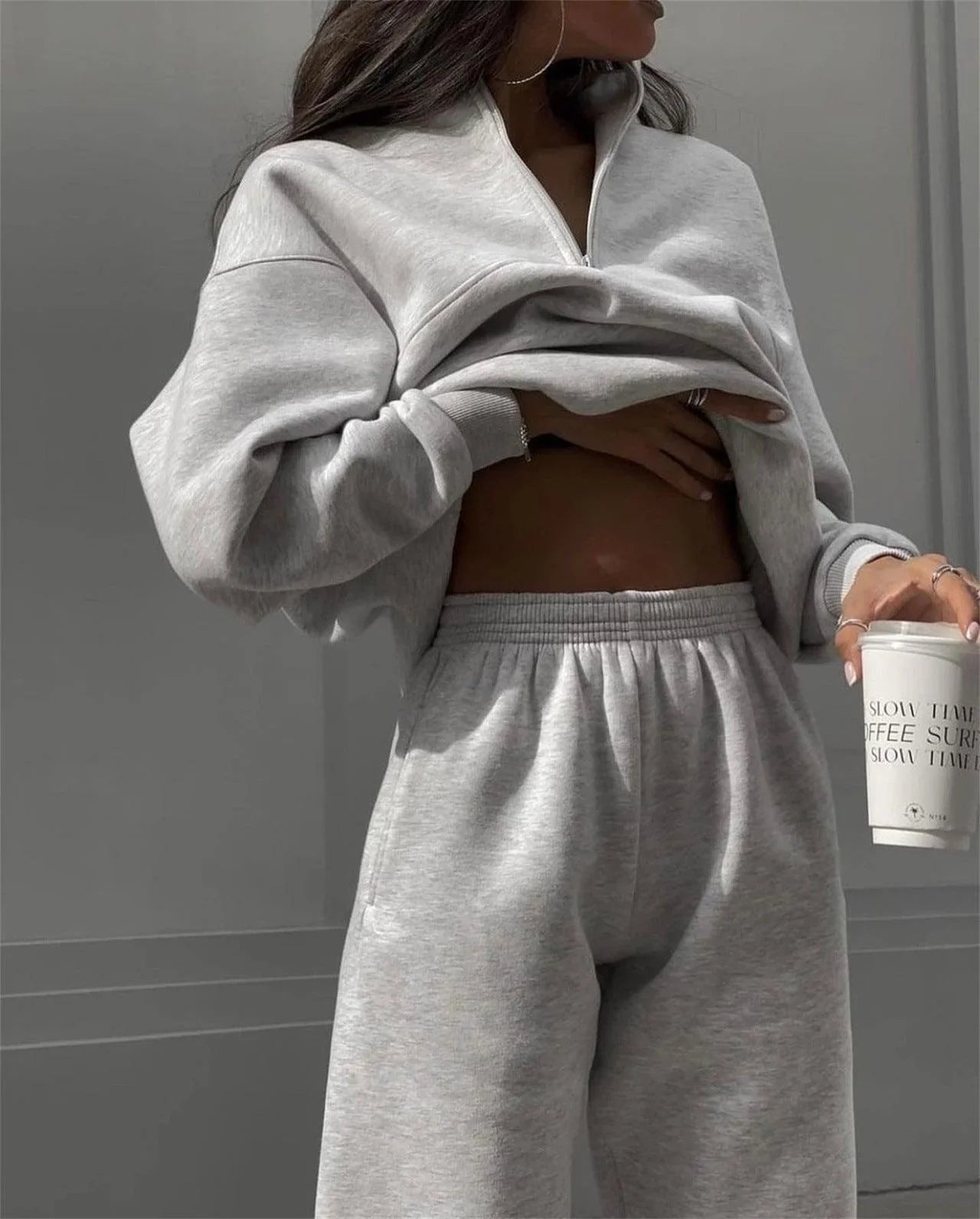 Sophia Zipped Stand Collar Suit Autumn Winter Casual Two Piece Set - Vestir en Moda