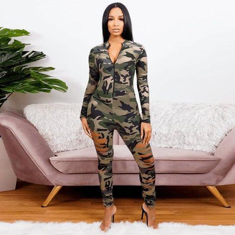 Suzie Plus Size Camouflage Printing Burnt Floral Ripped Sexy Jumpsuit
