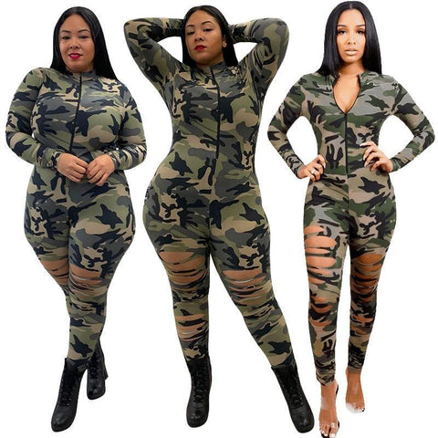 Suzie Plus Size Camouflage Printing Burnt Floral Ripped Sexy Jumpsuit