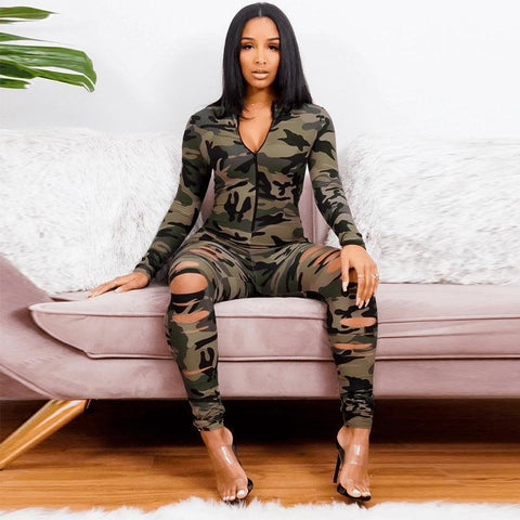 Suzie Plus Size Camouflage Printing Burnt Floral Ripped Sexy Jumpsuit