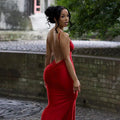 Sylvia Red Spaghetti Strap Sexy Sleevelss Backless Ruched Slim Maxi Dress - Vestir en Moda