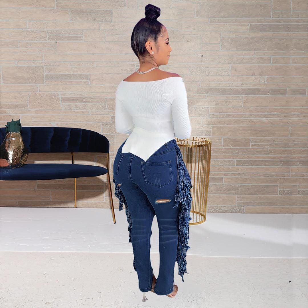 Talia Casual Large Ripped Tassel Fringe Pocket Zipper Denim Trousers - Vestir en Moda