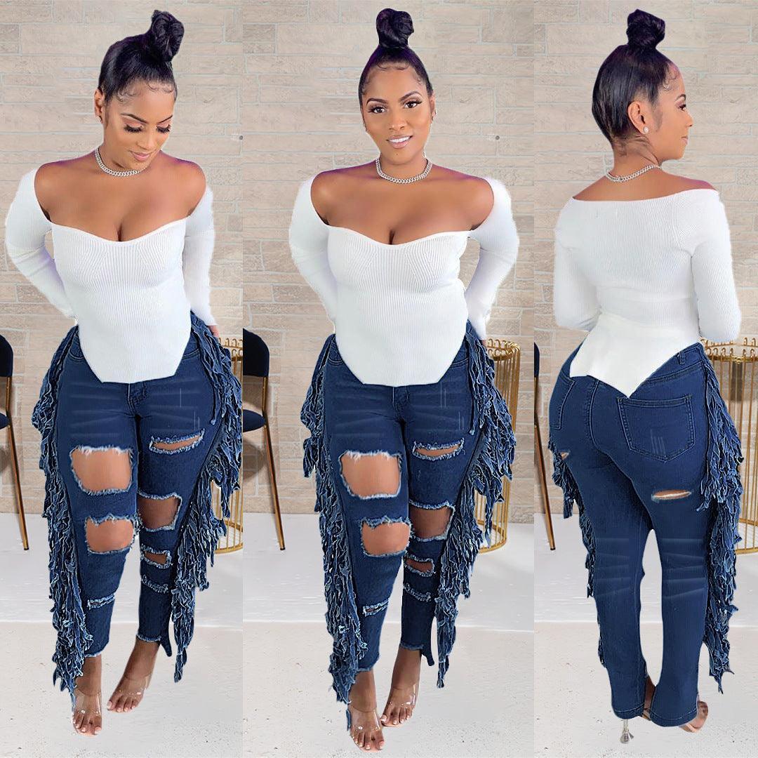 Talia Casual Large Ripped Tassel Fringe Pocket Zipper Denim Trousers - Vestir en Moda