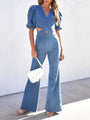 Tatiana Women Denim Slim Puff Sleeve Crossover Jumpsuits - Vestir en Moda