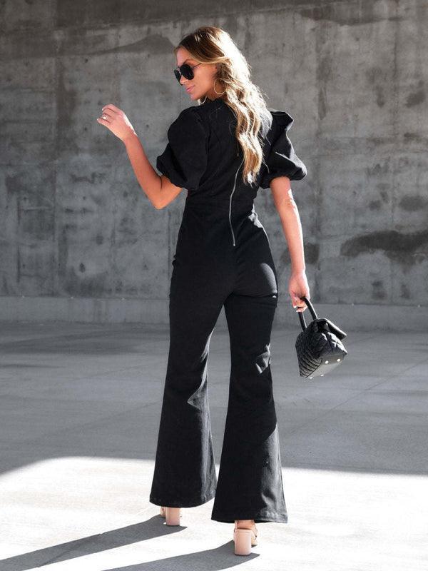 Tatiana Women Denim Slim Puff Sleeve Crossover Jumpsuits - Vestir en Moda