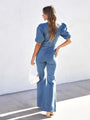 Tatiana Women Denim Slim Puff Sleeve Crossover Jumpsuits - Vestir en Moda