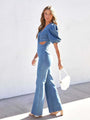 Tatiana Women Denim Slim Puff Sleeve Crossover Jumpsuits - Vestir en Moda