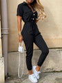 Tina Women Casual Lapel Buttoned Belt Cargo Jumpsuits - Vestir en Moda