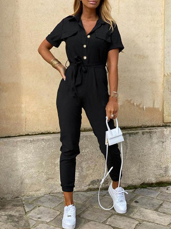 Tina Women Casual Lapel Buttoned Belt Cargo Jumpsuits - Vestir en Moda