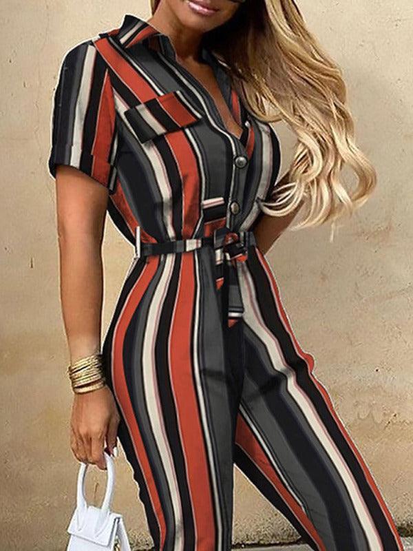 Tina Women Casual Lapel Buttoned Belt Cargo Jumpsuits - Vestir en Moda