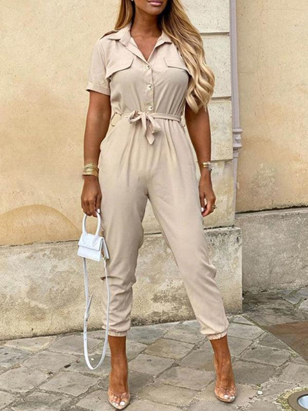 Tina Women Casual Lapel Buttoned Belt Cargo Jumpsuits - Vestir en Moda