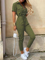 Tina Women Casual Lapel Buttoned Belt Cargo Jumpsuits - Vestir en Moda
