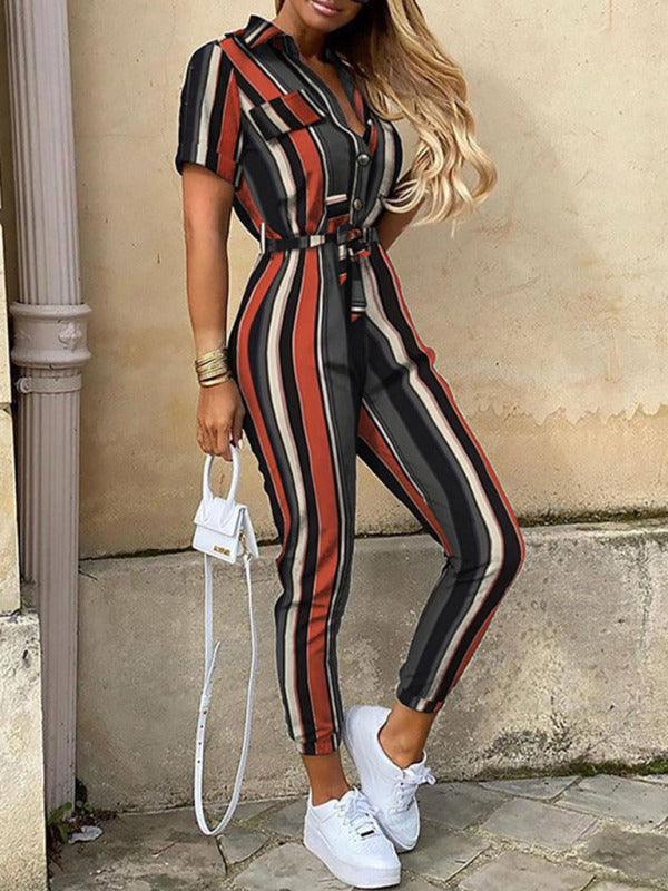 Tina Women Casual Lapel Buttoned Belt Cargo Jumpsuits - Vestir en Moda