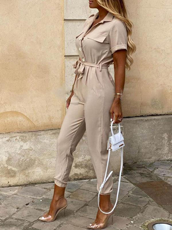 Tina Women Casual Lapel Buttoned Belt Cargo Jumpsuits - Vestir en Moda