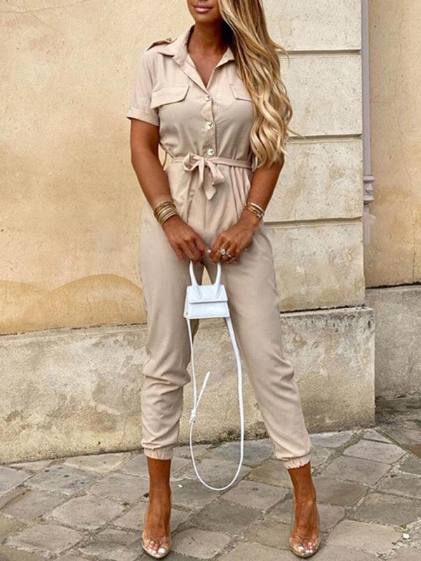 Tina Women Casual Lapel Buttoned Belt Cargo Jumpsuits - Vestir en Moda