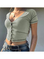 Valery Sexy V Neck Fitted Button Up Summer Tees - Vestir en Moda