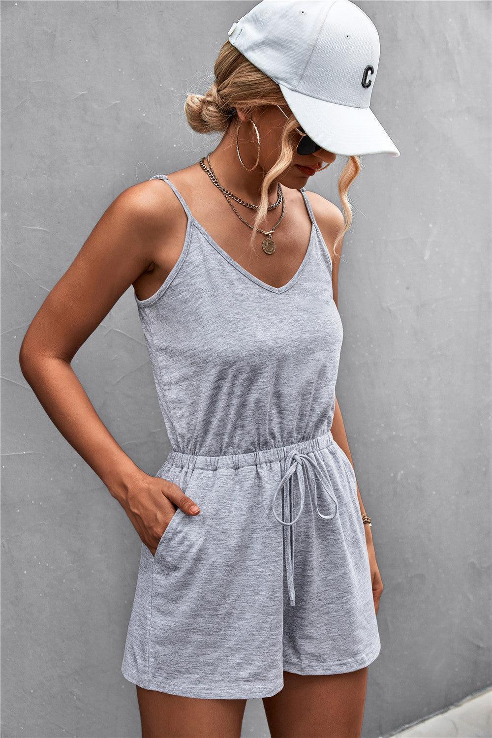 Vanessa Spaghetti Strap V-Neck Pocket Rompers - Vestir en Moda