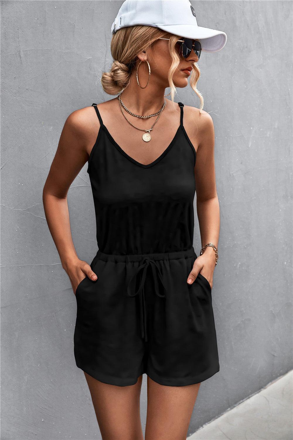 Vanessa Spaghetti Strap V-Neck Pocket Rompers - Vestir en Moda