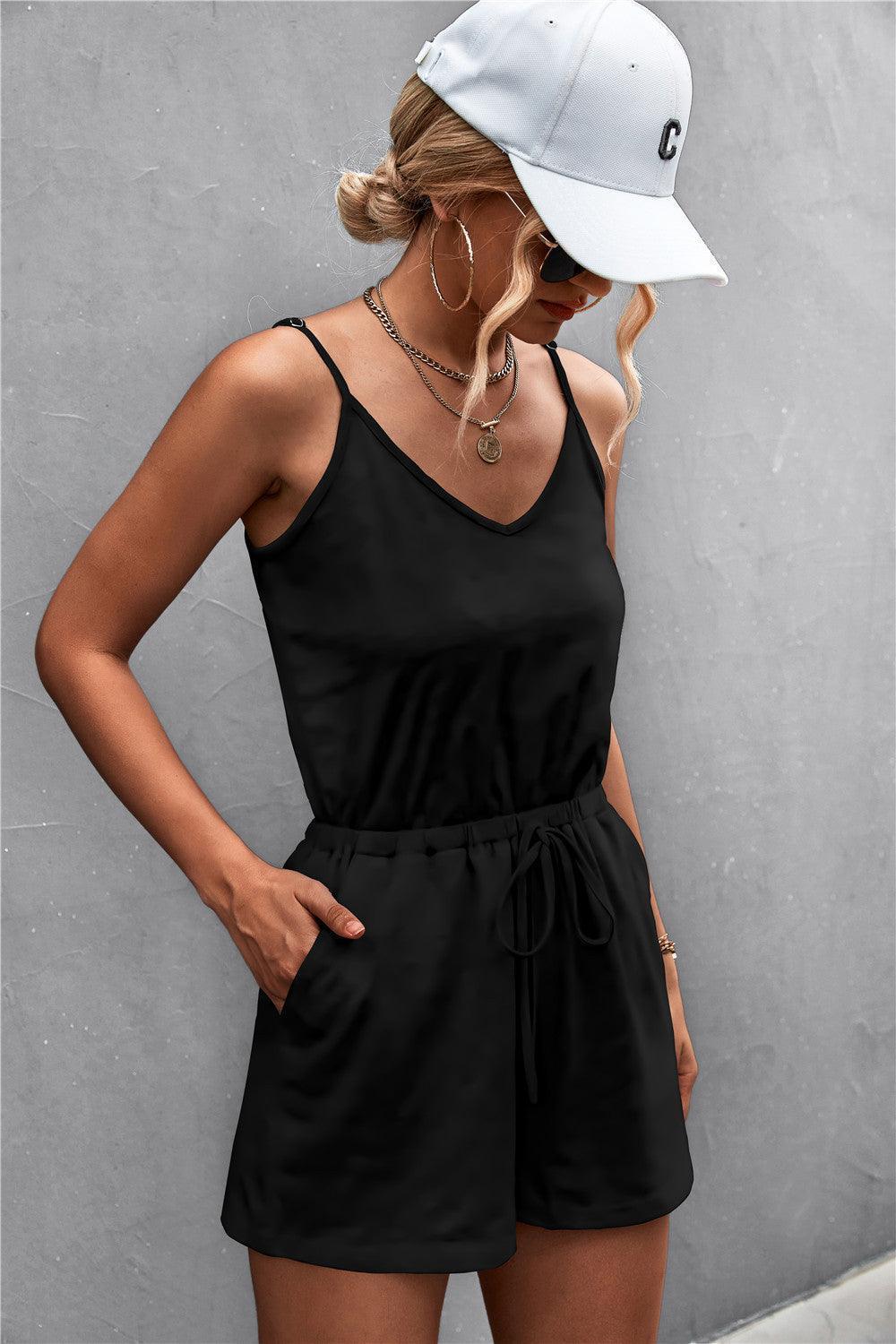 Vanessa Spaghetti Strap V-Neck Pocket Rompers - Vestir en Moda