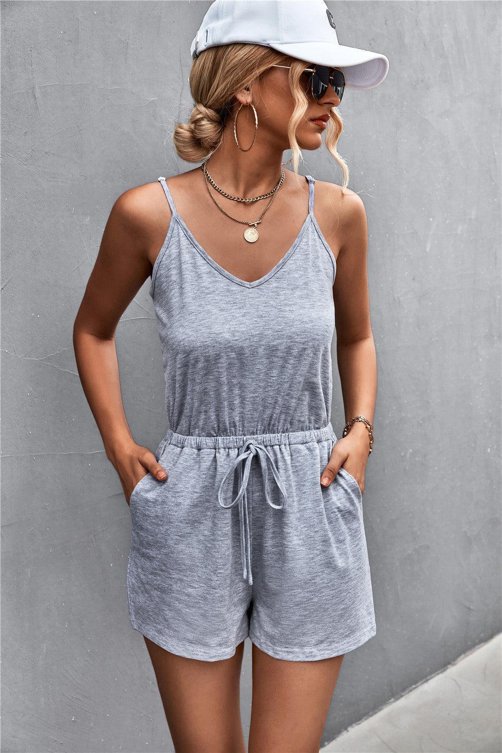 Vanessa Spaghetti Strap V-Neck Pocket Rompers - Vestir en Moda