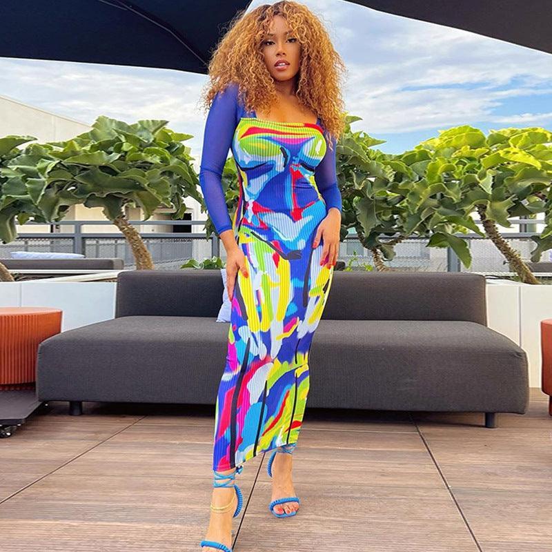 Vianca Autumn Printed Mesh Slim Long Sleeve Dresses - Vestir en Moda