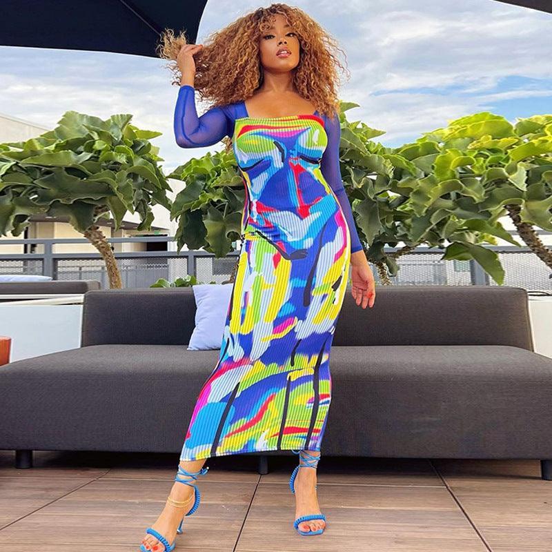 Vianca Autumn Printed Mesh Slim Long Sleeve Dresses - Vestir en Moda