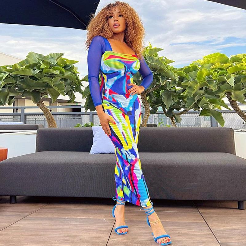 Vianca Autumn Printed Mesh Slim Long Sleeve Dresses - Vestir en Moda