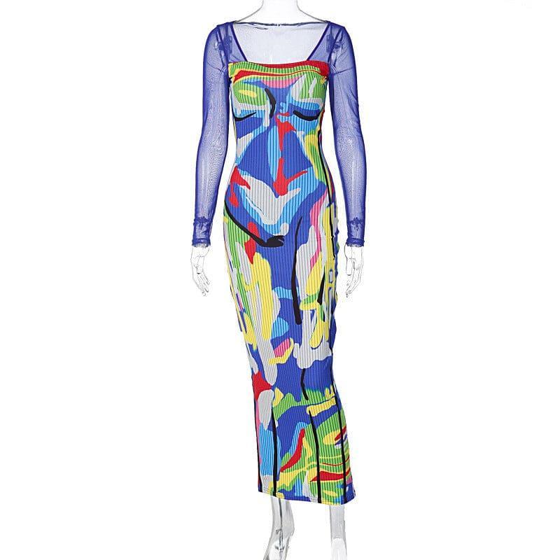 Vianca Autumn Printed Mesh Slim Long Sleeve Dresses - Vestir en Moda