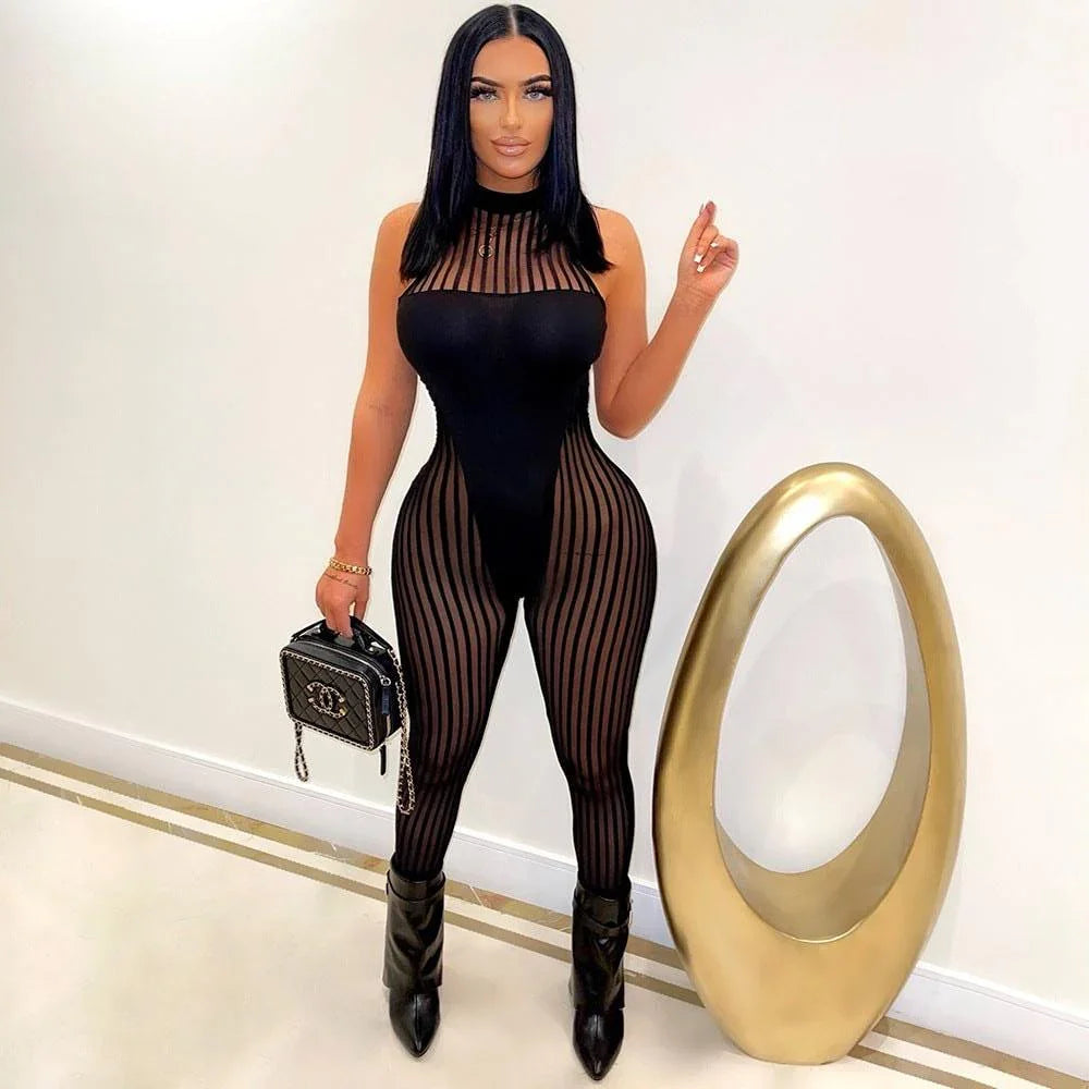 Vianca Sexy Mesh See-through Sleeveless round Neck Jumpsuits for Women - Vestir en Moda